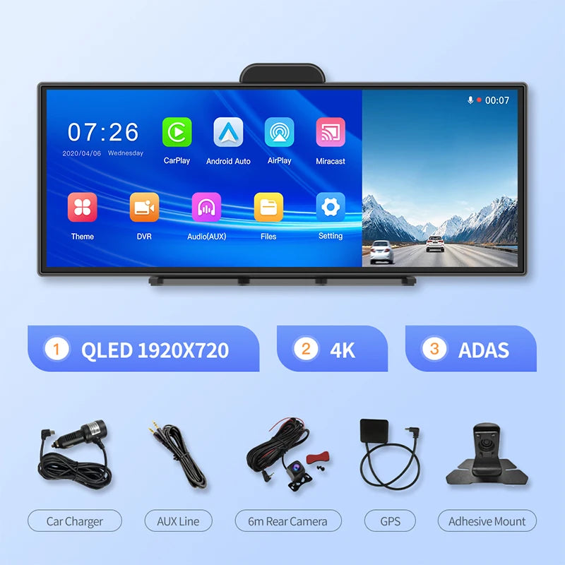 11.4″ Smart Dash Cam with CarPlay, Android Auto & Night Vision